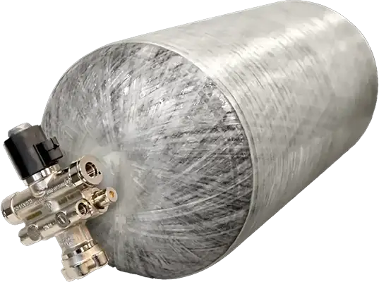DOT- and NGV2-certified 16-inch 3600 psi CNG storage cylinder for on-board vehicle use, shown with integrated valve assembly.