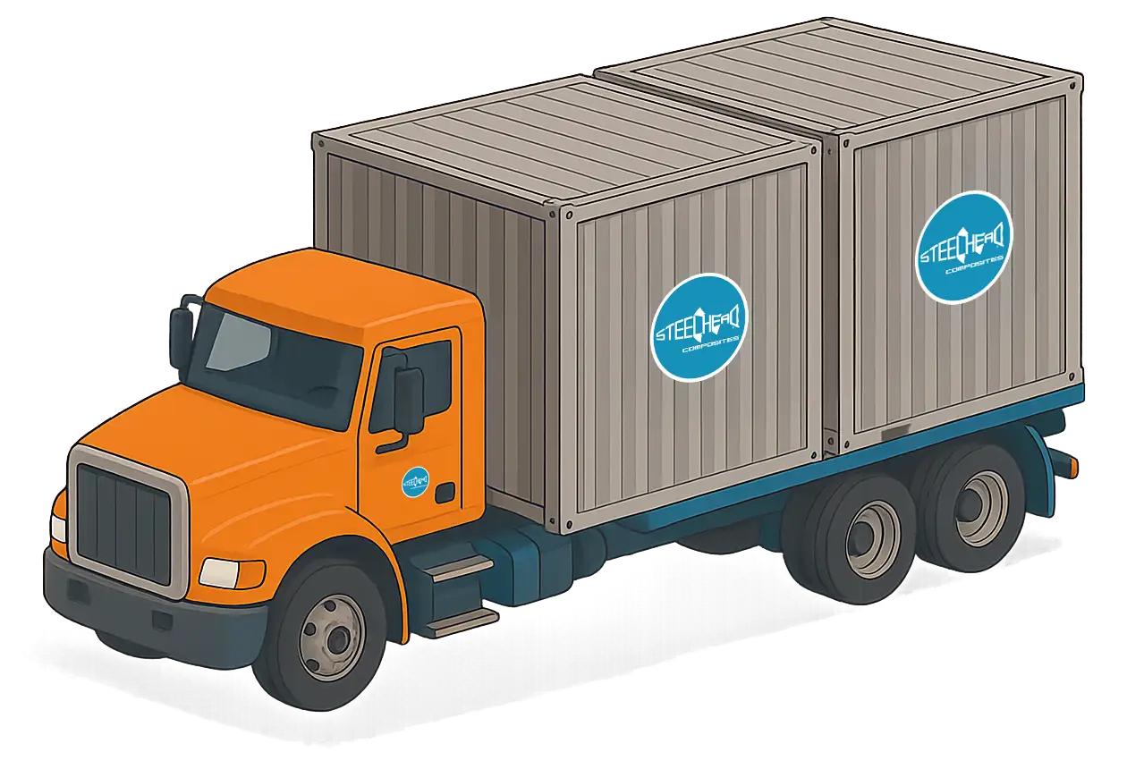Illustration of a Steelhead Composites truck delivering HydrogenCube containers, representing mobile high-pressure gas storage solutions for clean energy deployment.