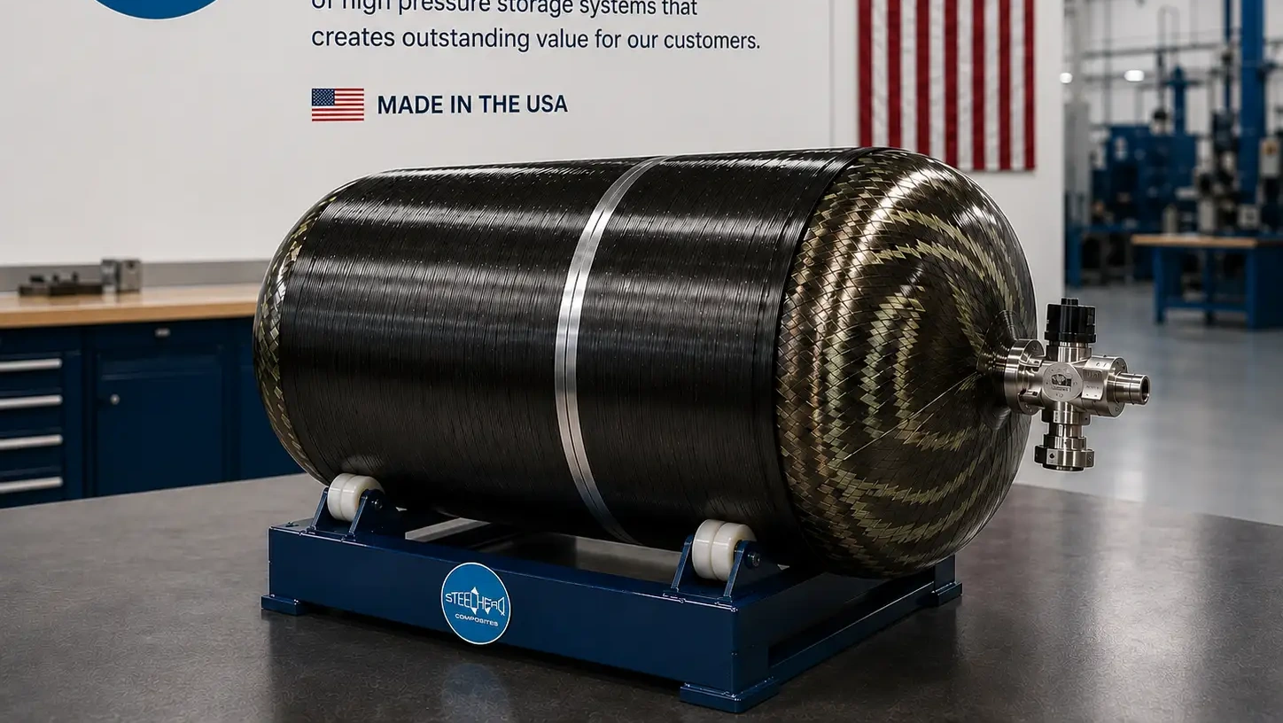 Existing Steelhead composite pressure vessel on its original blue display stand.
