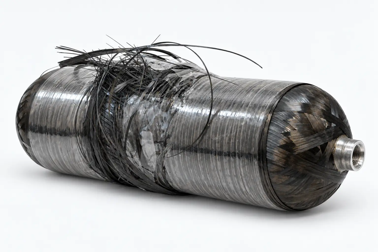 Actual instrumented pressure-vessel test setup, with the original vessel, fittings, sensor wires, identification label and visible test bed retained.