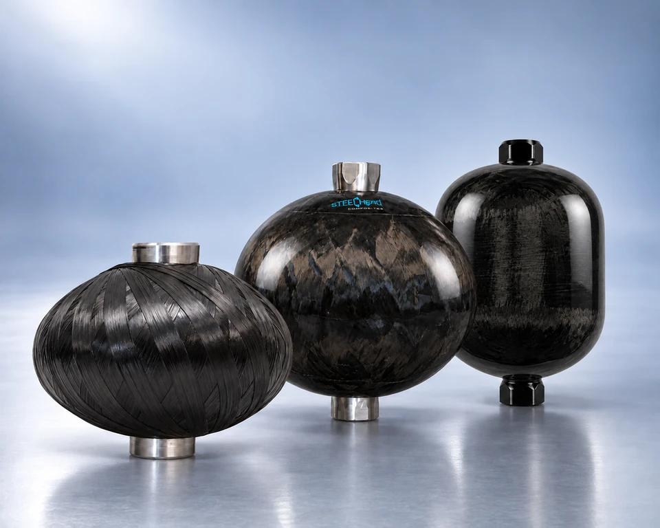 Command MicroForce diaphragm accumulators: squat 0.5 L at left, rounded 1 L at center and compact cylindrical 2 L at right, with their opposed end fittings visible on a cool gray studio background.