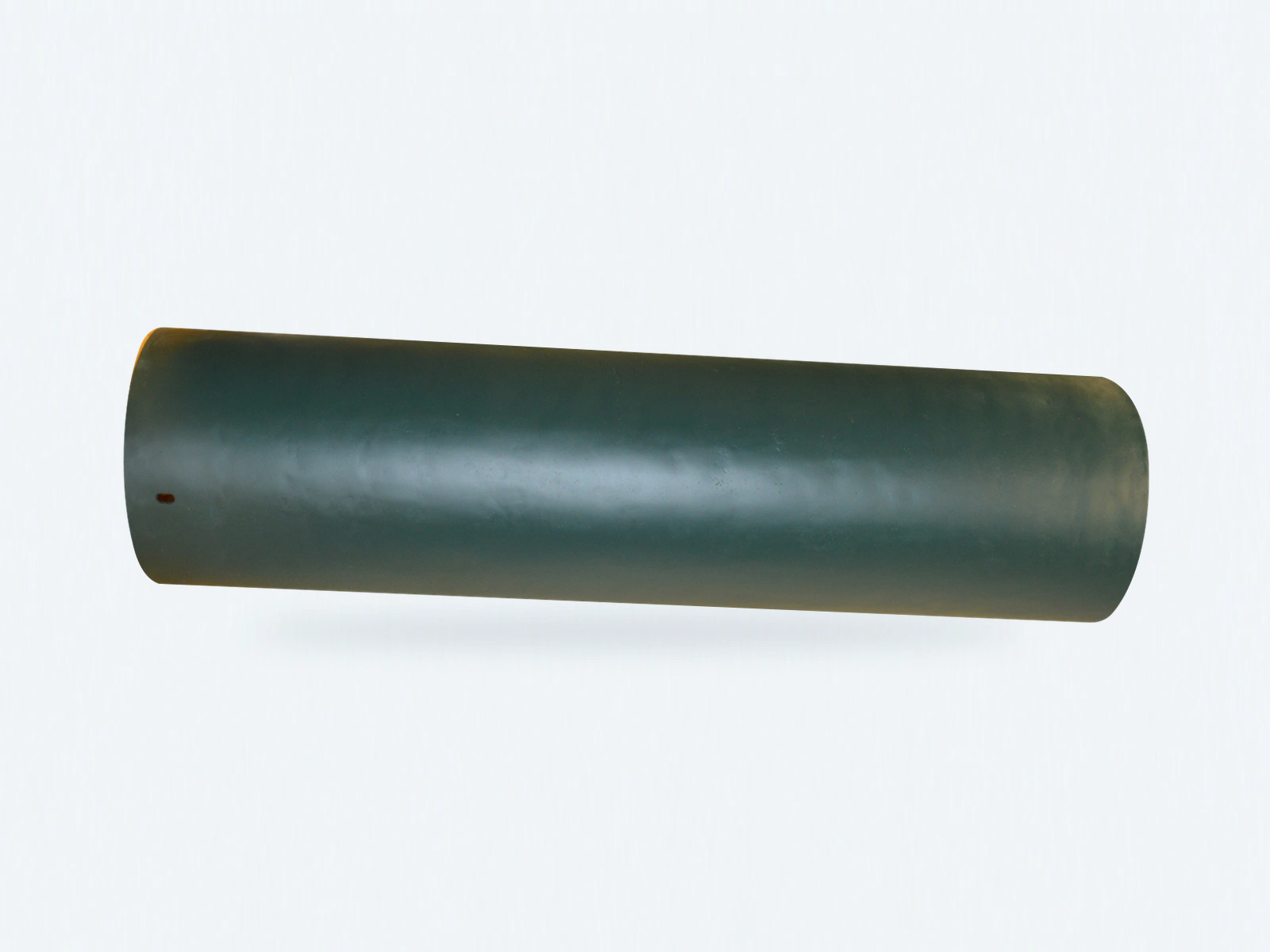 Steelhead composite casing photographed with its original green-gray surface and small opening; shown horizontally.