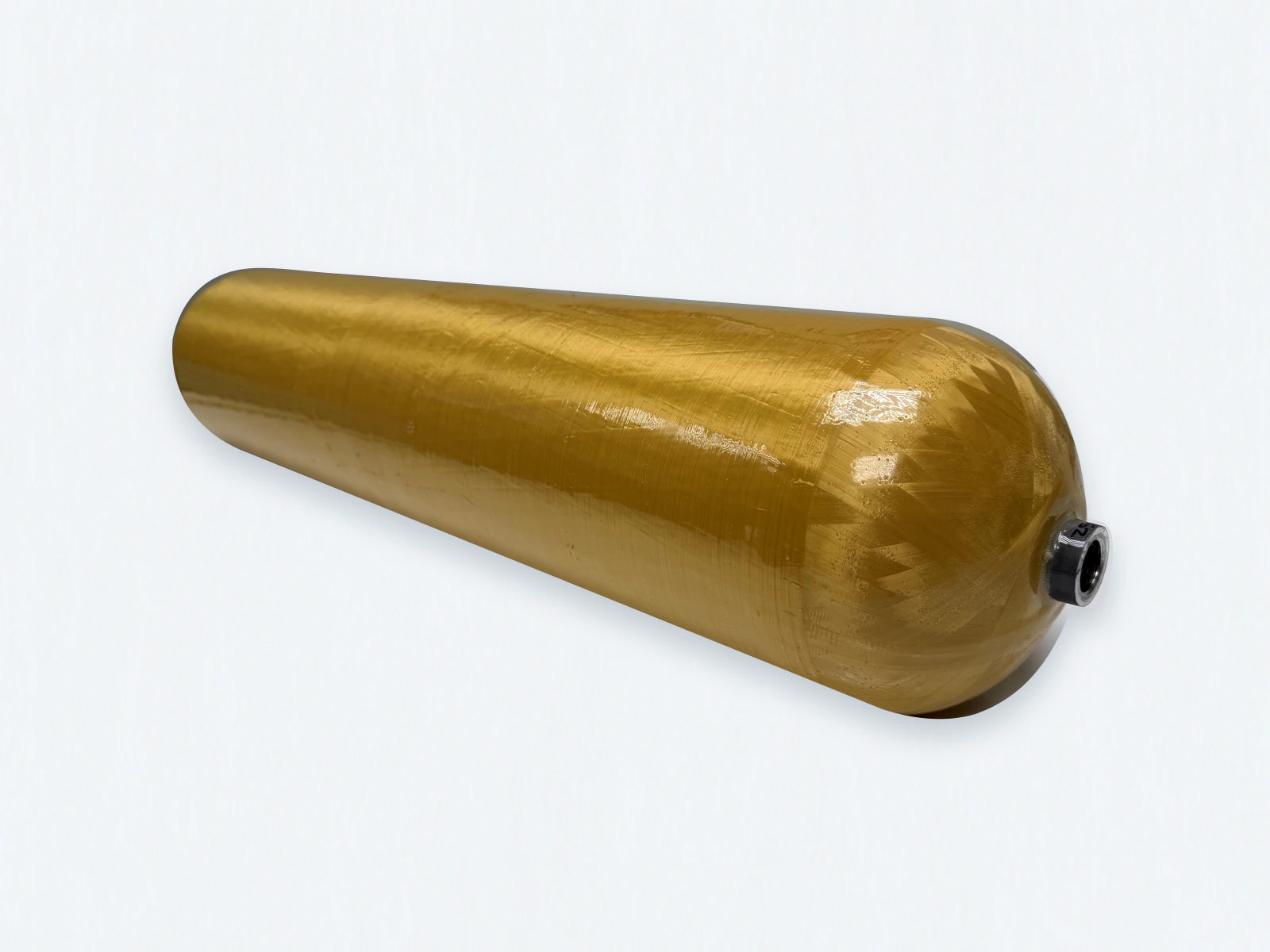 Phoenix composite pressure vessel with its original amber winding and metallic port; representative Type III hardware.