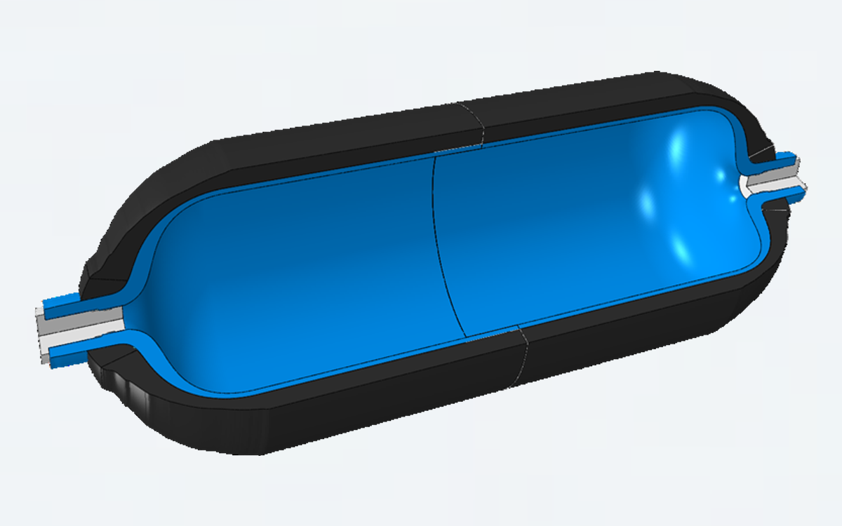 Original section model showing the blue liner, dark composite shell and opposed metal interfaces.