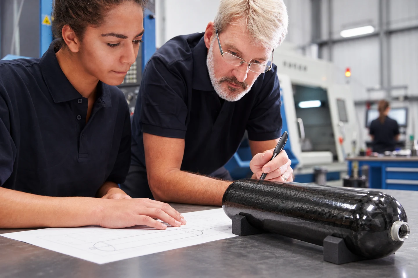 Illustrative engineering review: two people examine drawings beside a composite pressure vessel on a workbench.