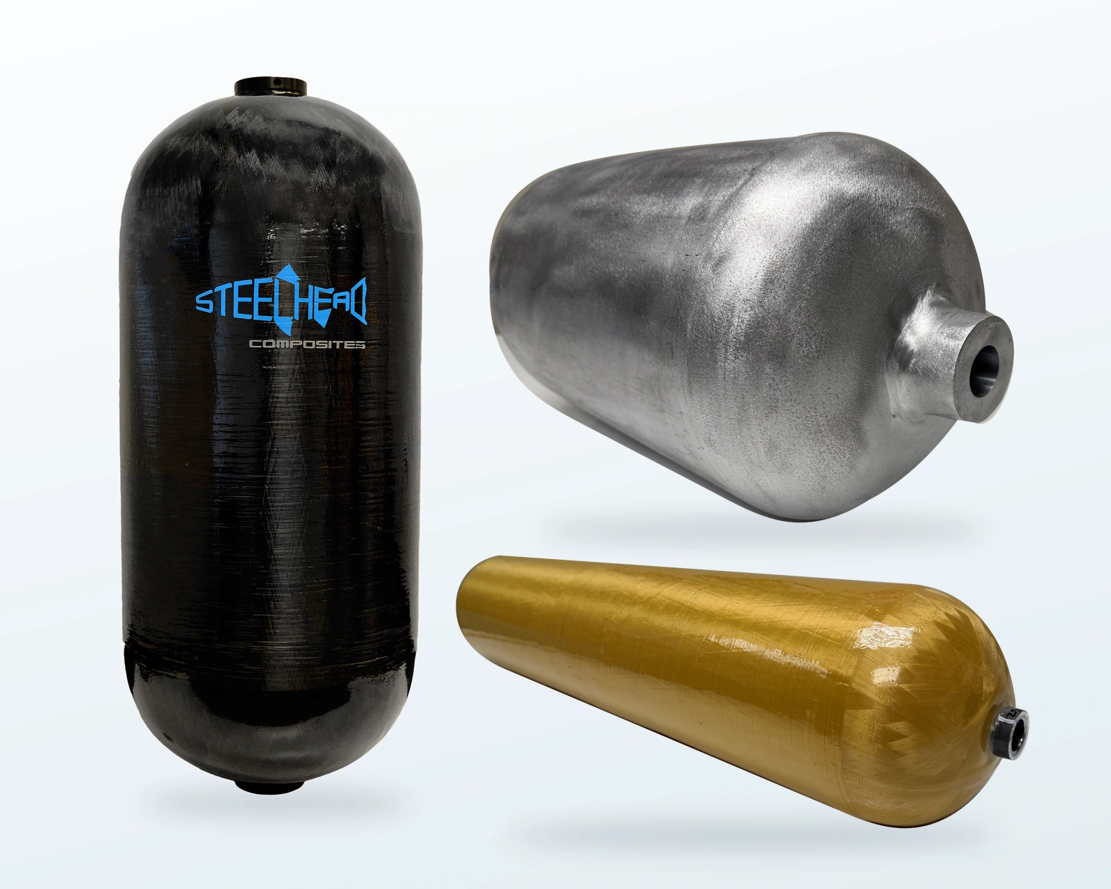 Titan carbon-composite vessel, Keep aluminum vessel and gold-colored Phoenix COPV, composed from Steelhead product photographs.