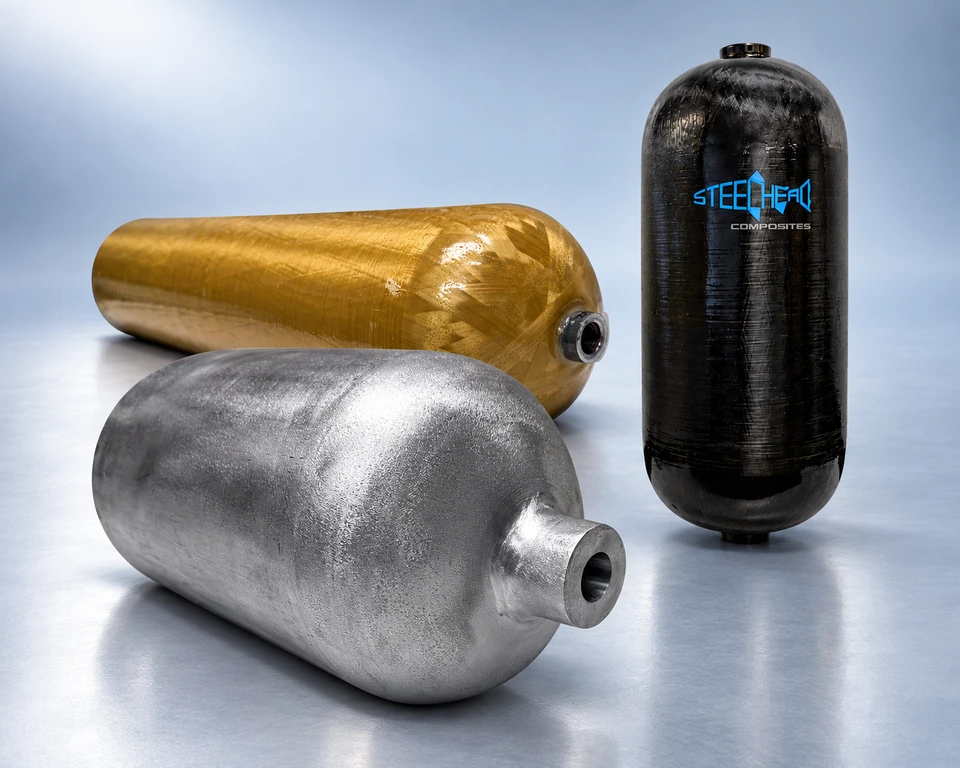 Silver Keep aluminum vessel in front, gold Phoenix composite vessel behind at left and upright black Titan composite vessel at right, photographed together on a cool gray studio surface.