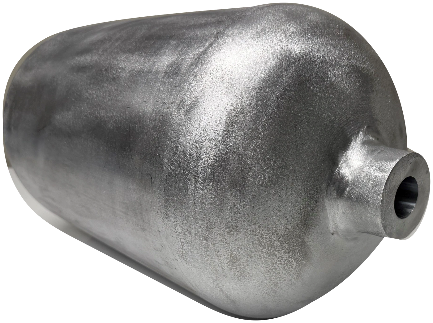 Keep all-aluminum aerospace vessel with its original textured metal shell and open machined port.