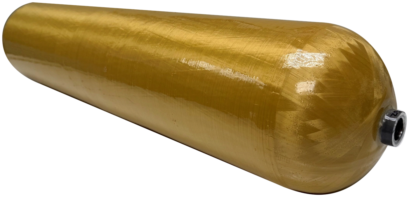 Phoenix COPV with gold-colored aramid overwrap and the original metal port visible at the right end.