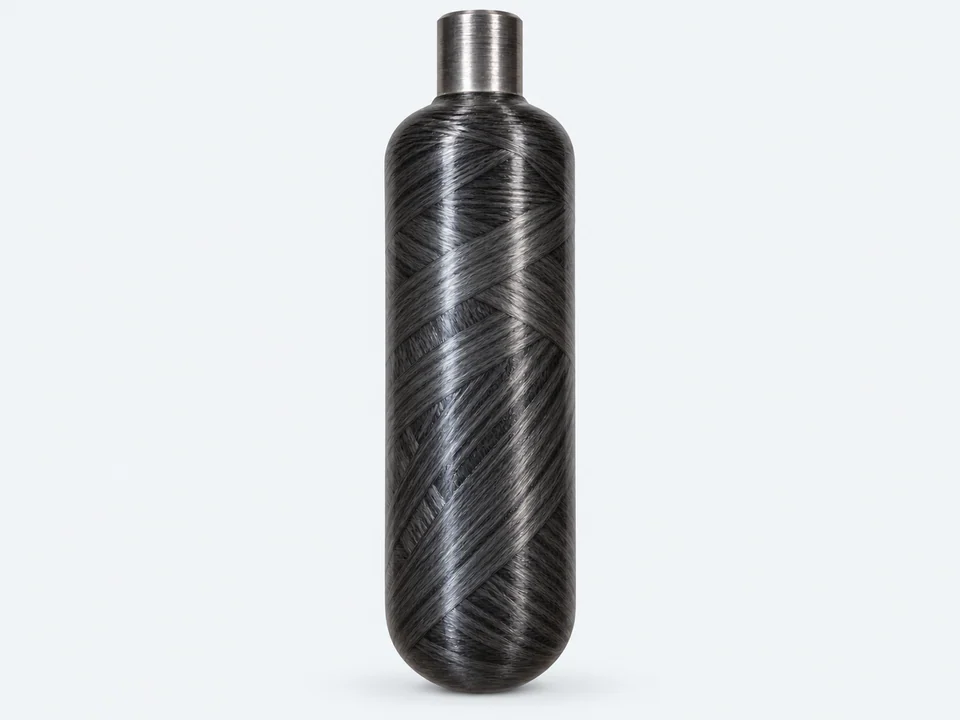 Kestrel slender carbon-overwrapped vessel with a straight metal neck, shown upright.
