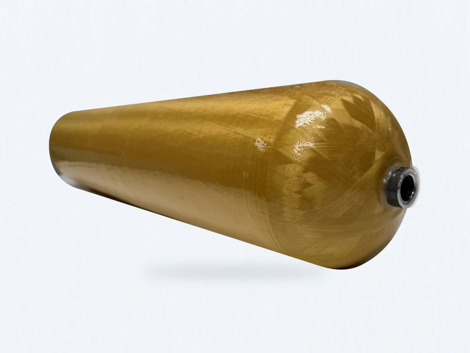 Phoenix aramid composite pressure vessel with its photographed metal port and gold winding surface.