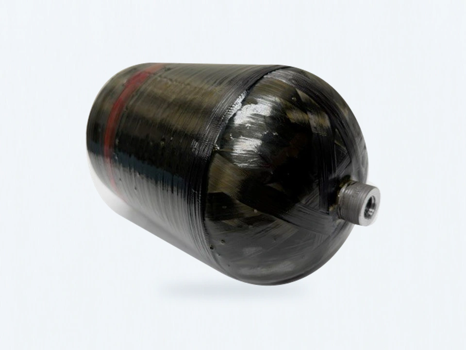 Pioneer single-port composite vessel with its red band, threaded metal port and winding surface.