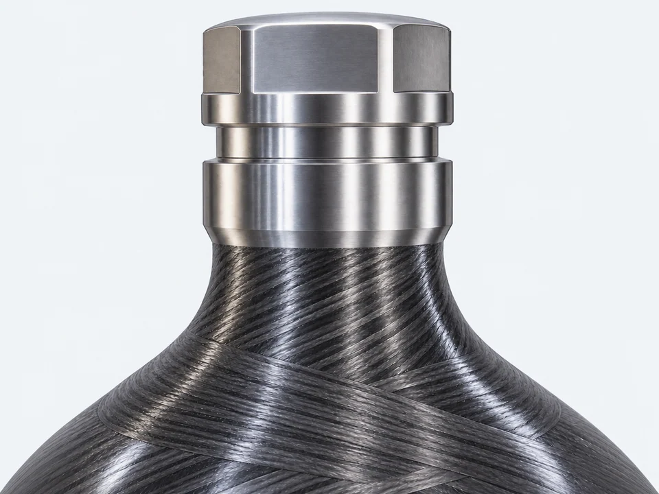 Ranger metal adapter and carbon-overwrapped neck and shoulder, shown in close-up.