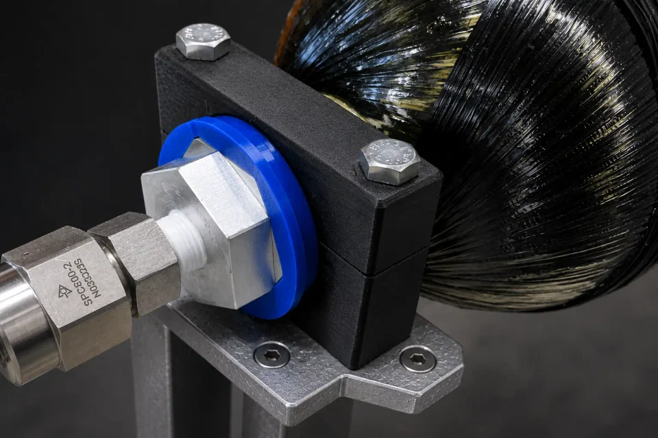 Ranger neck-mount interface with carbon-overwrapped shoulder, metal fluid connection, blue collar and mounting bracket.