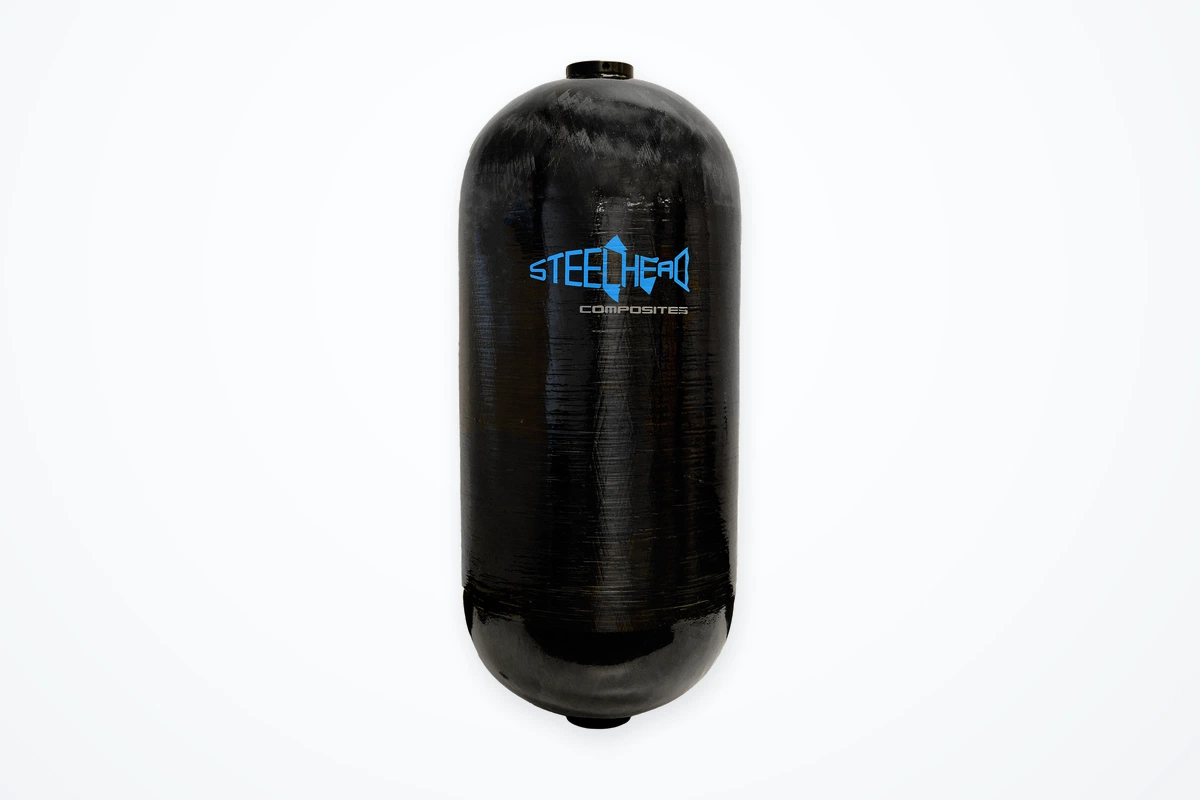 Titan large black composite pressure vessel with its original Steelhead Composites logo, winding texture and end fittings.
