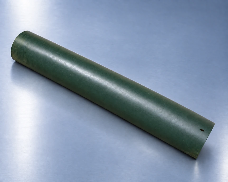 Green-gray composite casing and tube presented diagonally on a cool gray studio surface, with its satin finish and small opening near one end visible.