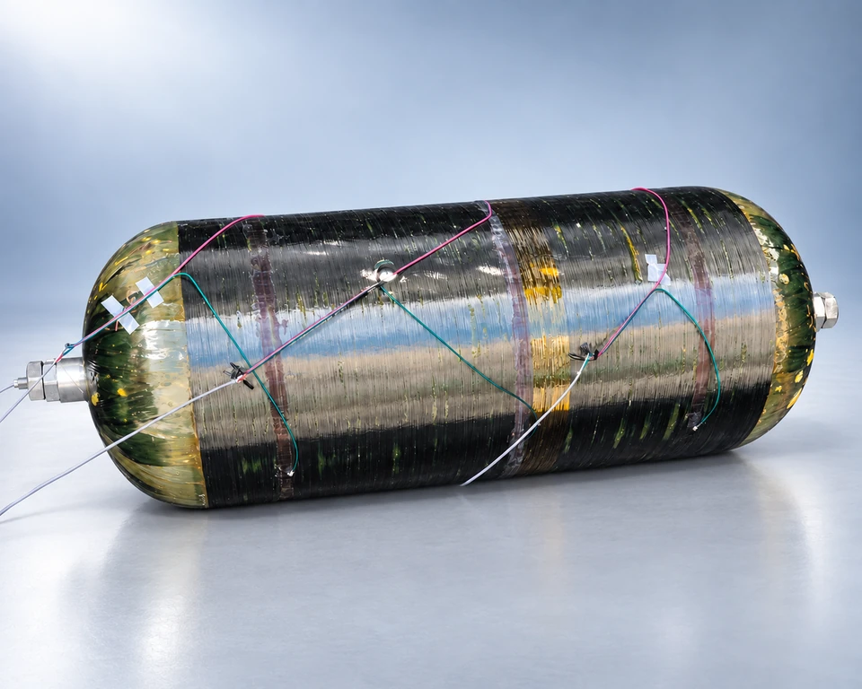 Instrumented composite pressure vessel with metal end fittings, tape patches and pink, green and white sensor leads on a cool gray studio background.