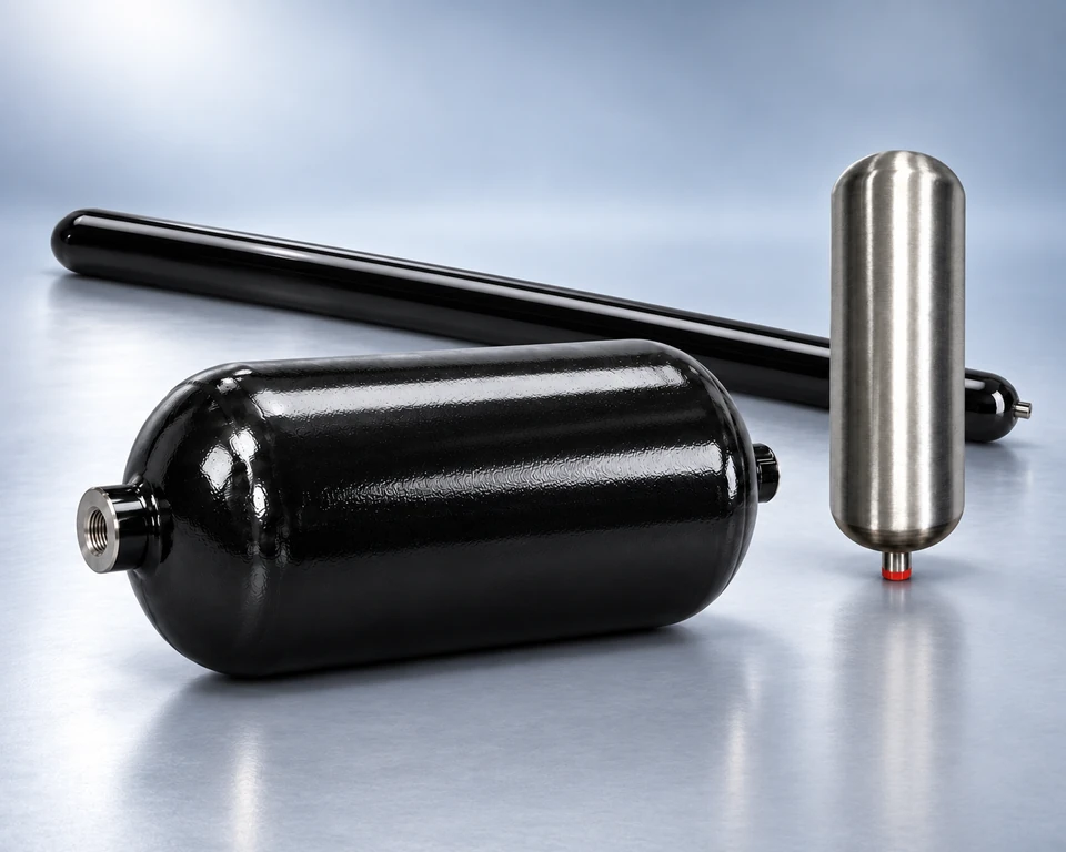 Citadel Type I studio composition: black-coated Keep in front, slender black Rampart behind and brushed-aluminum Sentry with its red port cap at right; representative sizes, not to scale.