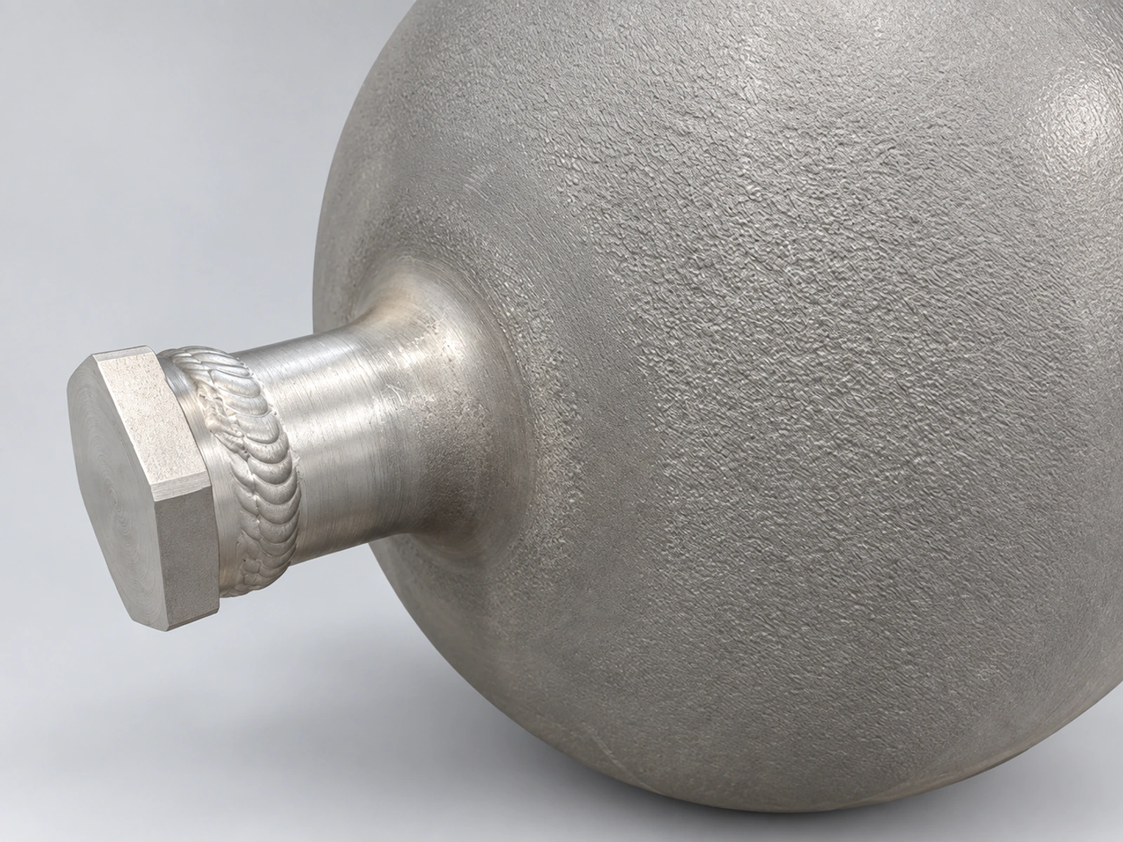Close-up of a welded hexagonal end closure on a Keep aluminum vessel.