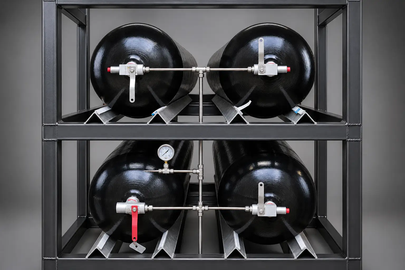 Outdoor hydrogen buffer vessel installation with piping, valves and pressure gauge
