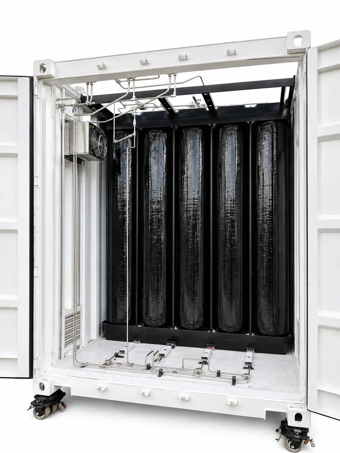 Open HydrogenCube enclosure showing vertically mounted composite pressure vessels
