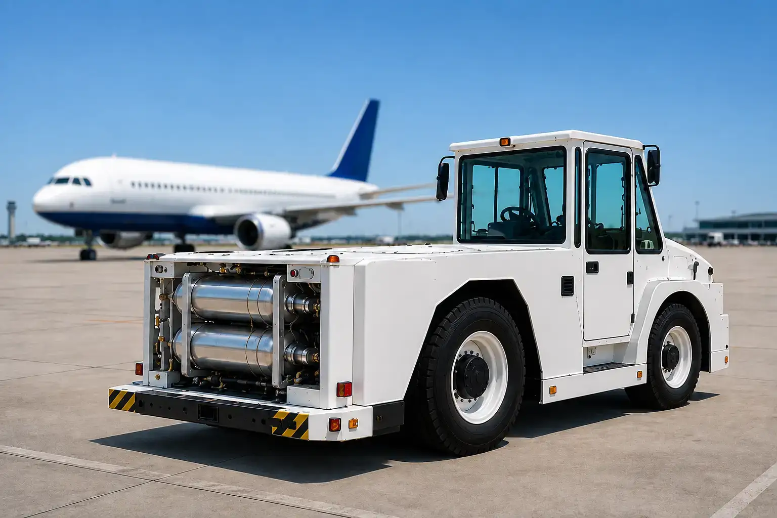 Industrial airport vehicle illustrating an on-vehicle compressed natural gas storage application