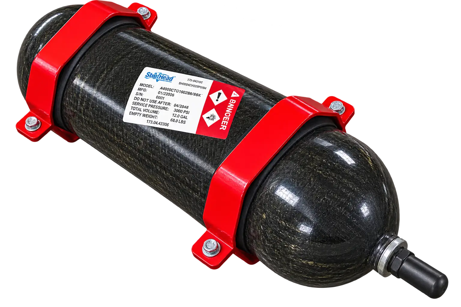 Bottom-repairable PowerMax hydraulic accumulator installed horizontally in red customer equipment