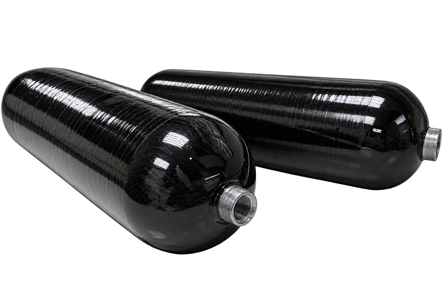 Two Trek long-and-narrow Type III composite gas bottles showing compact port geometry
