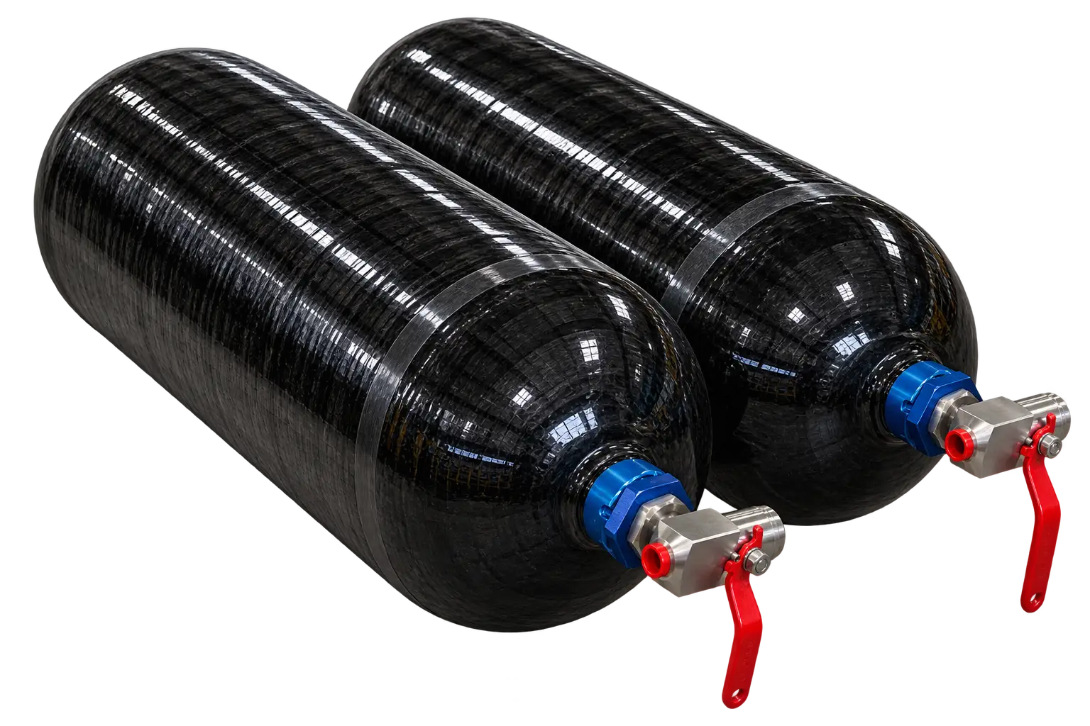 Steelhead Reliance Guardian Type III composite pressure vessels with blue port fittings and valve hardware