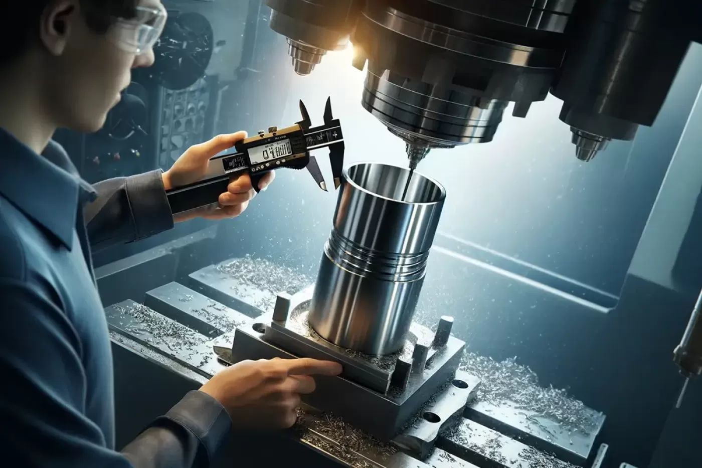 Image depicting a technician using a digital caliper to measure a precision-machined metal cylinder within a CNC machine environment.