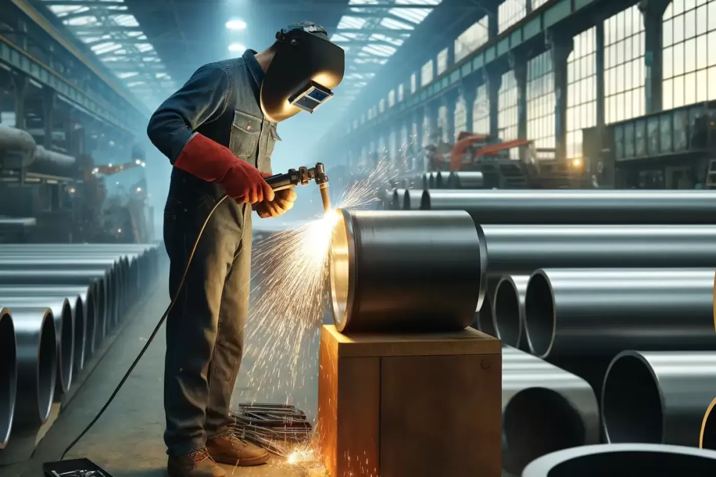 Image of a welder working on a metal cylinder.