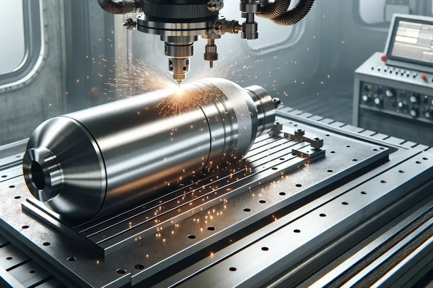 Image of a CNC machine crafting a metal oxygen tank cylinder.