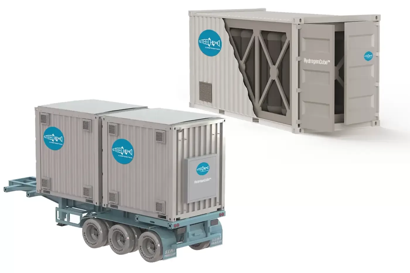 Illustration of HydrogenCube MEGCs on the trailer and on the ground