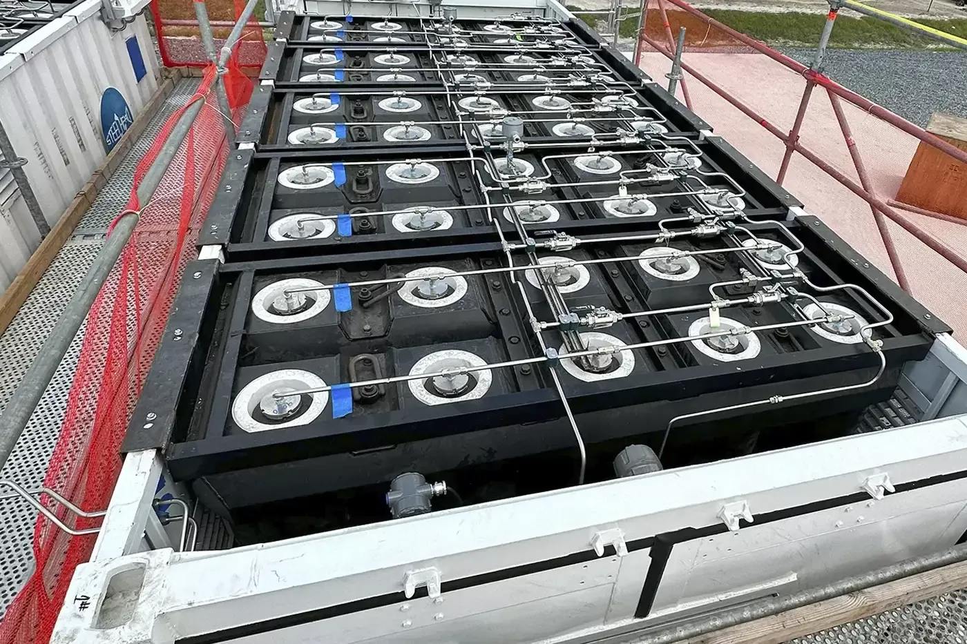 Top view of HydrogenCube MEGC contrainerized storage system before roof is installed