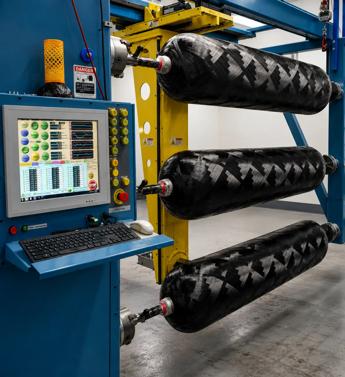 Composite pressure vessels on Steelhead filament winding equipment.